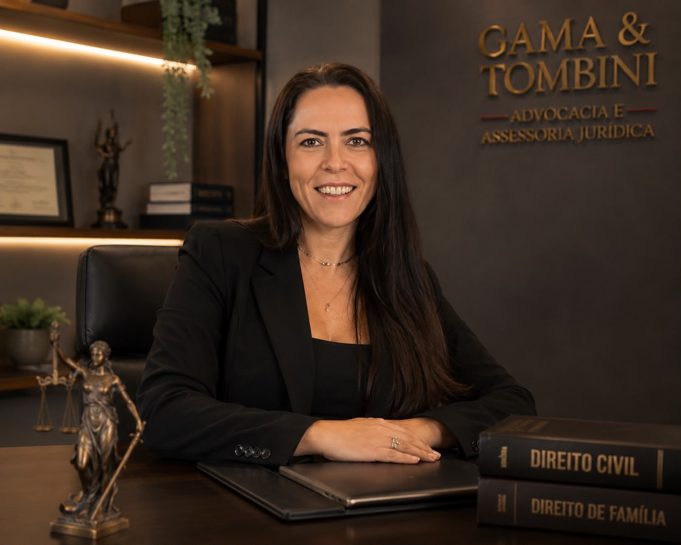 Dra. Luana Tombini em sua mesa no escritório Gama & Tombini